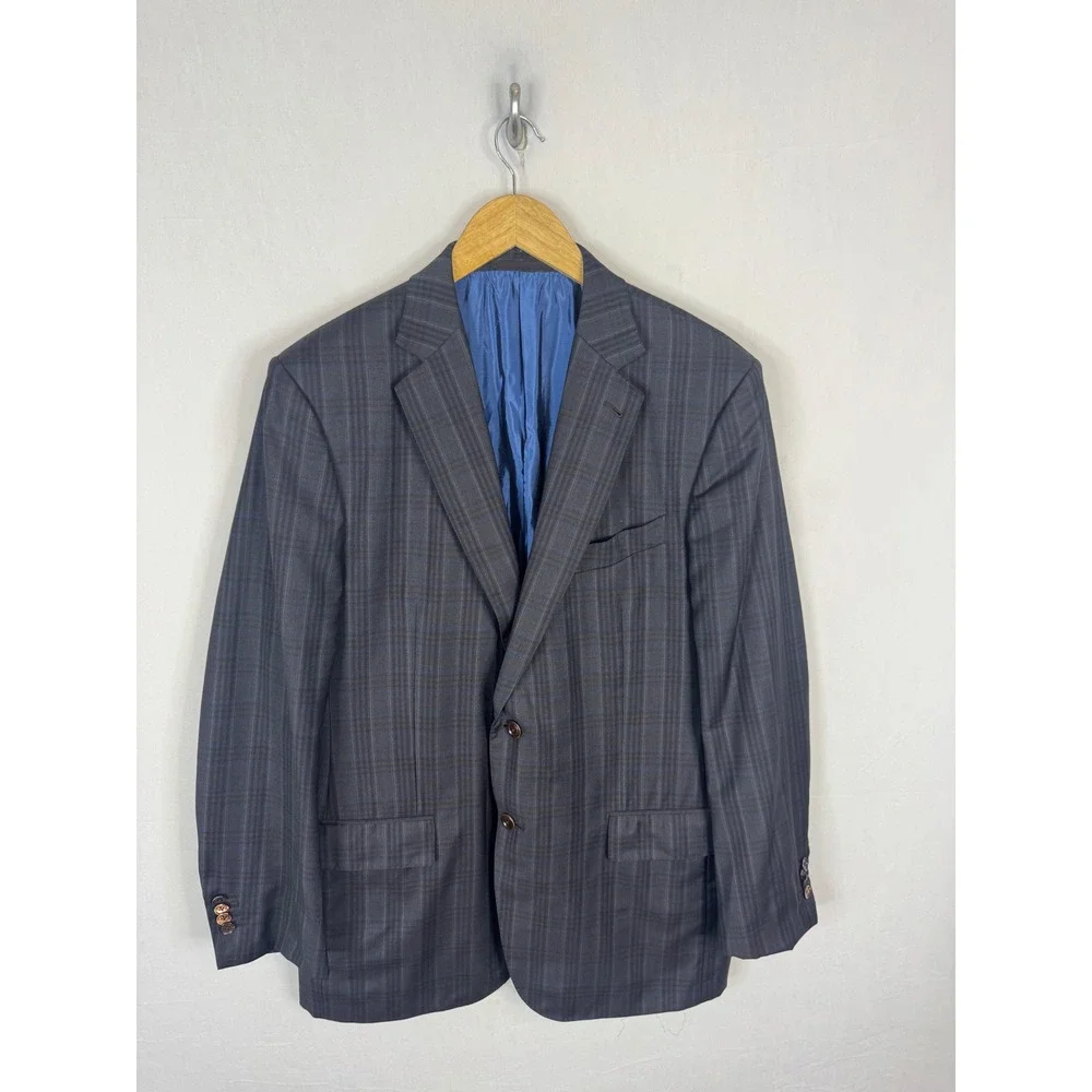 Ermenegildo Zegna Mila Trofeo Light‎ Wool Plaid Sport Coat Grey Blue US 44R